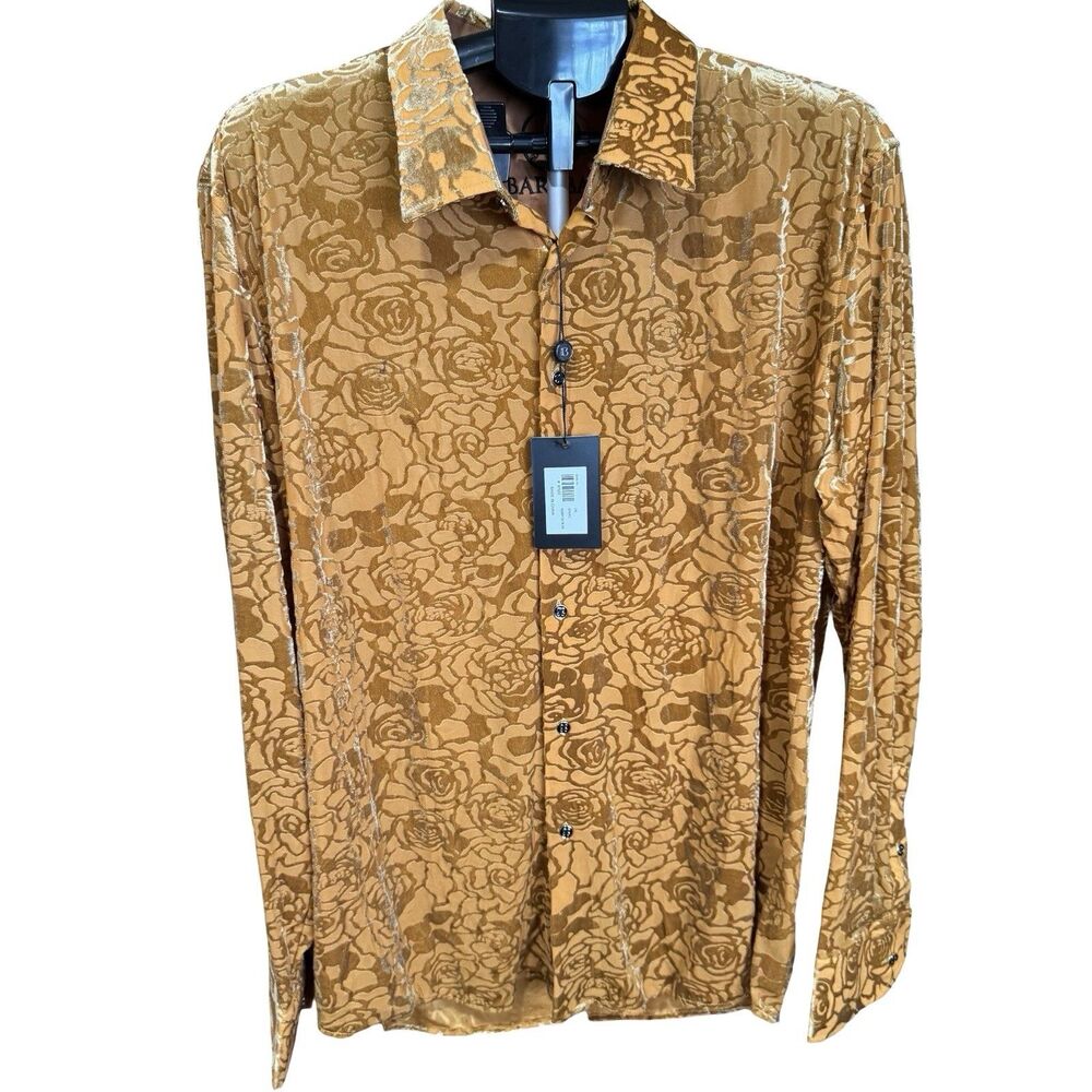 NWT BARABAS Men's floral Long Sleeve VELVET Button Down‎ 2XL 3SVL18 gold camel